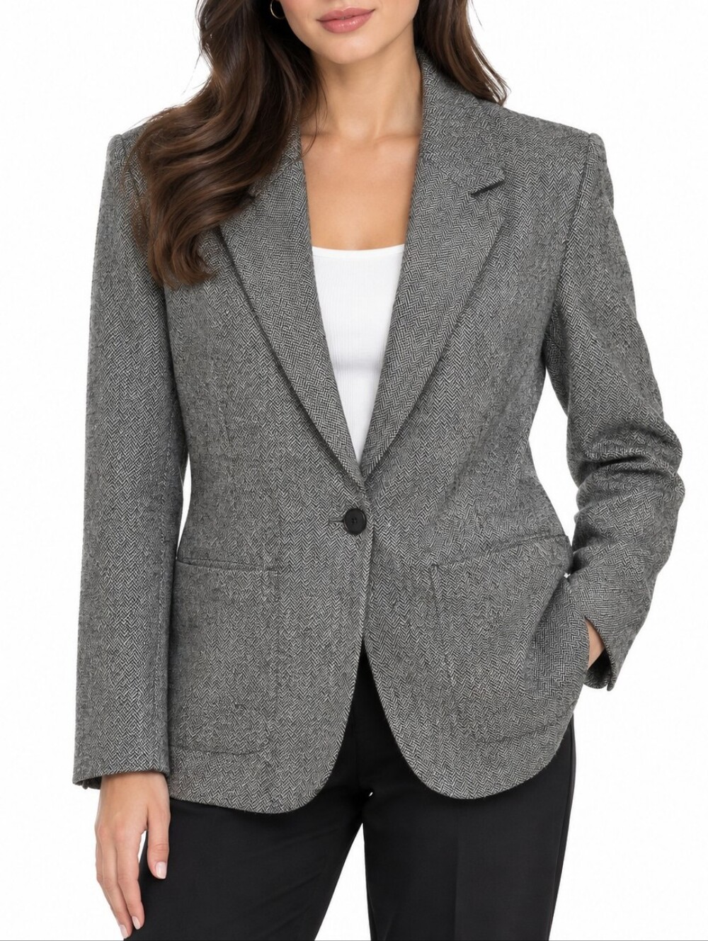 Madewell gray black herringbone tweed blazer single-button closure patch pocket
